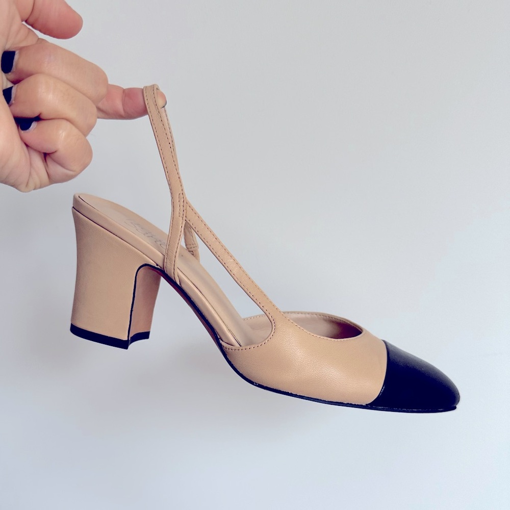 Franco Sarto tan and black toe slingbacks
